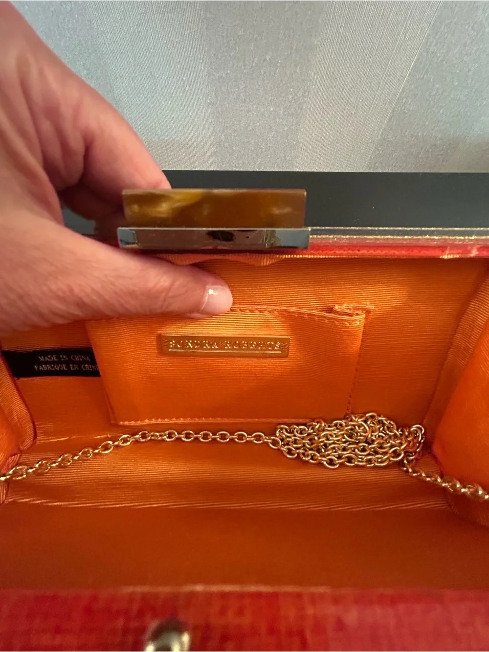 Sondra Roberts Red/Orange Evening Box Clutch with Gold Trim
